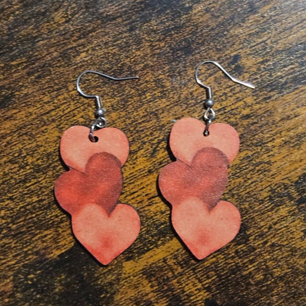 Boutique Adorable Stacked Pinkish Red Wooden Heart Dangle Earrings ~ Novelty